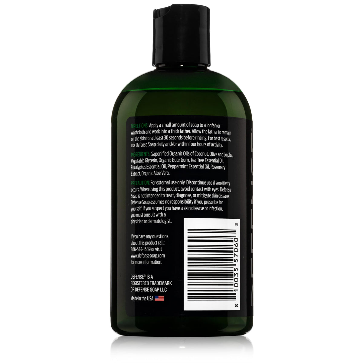 Defense Soap Peppermint bottle with mint leaves showing cooling sensation