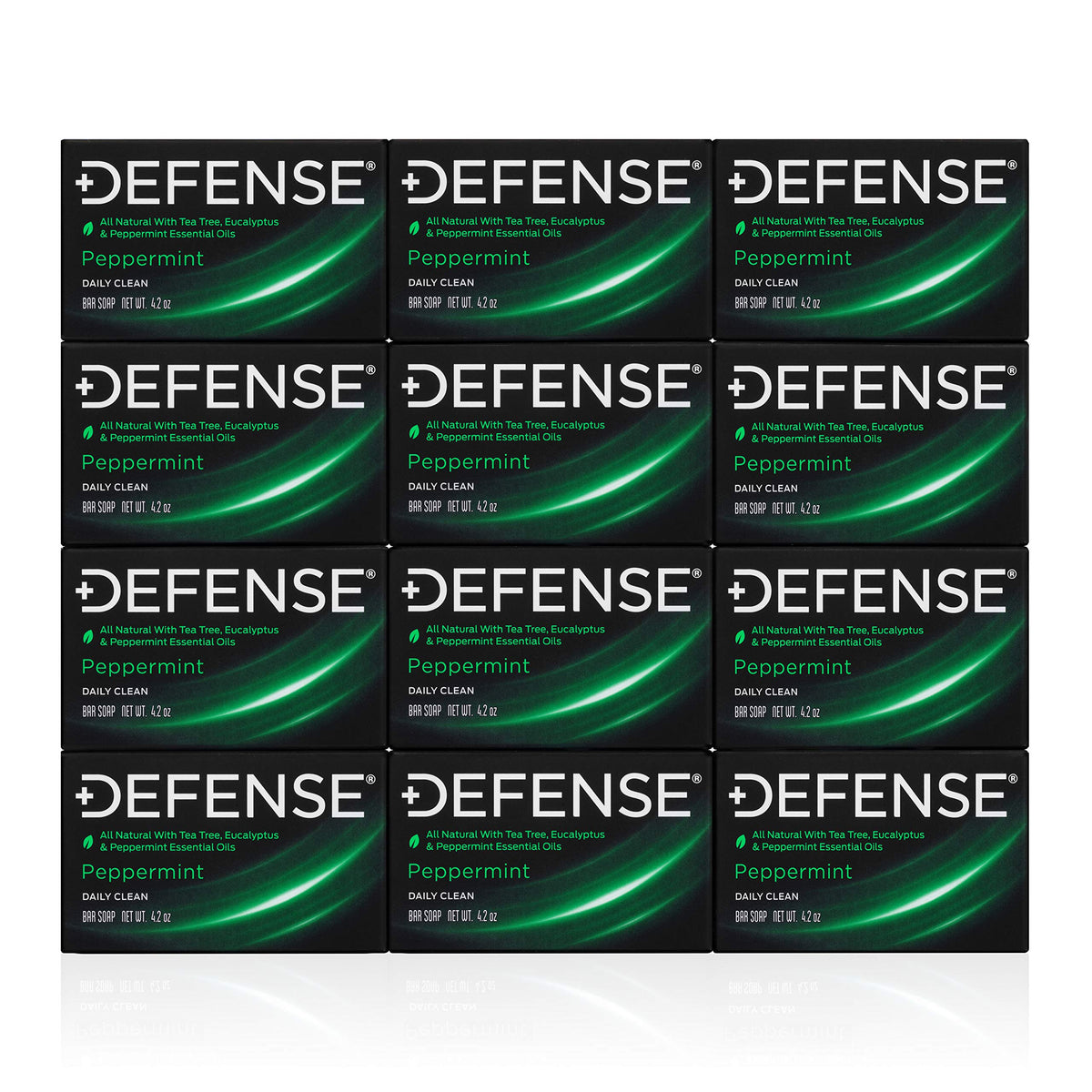 Defense Soap front packaging showing 12-pack and peppermint scent benefit