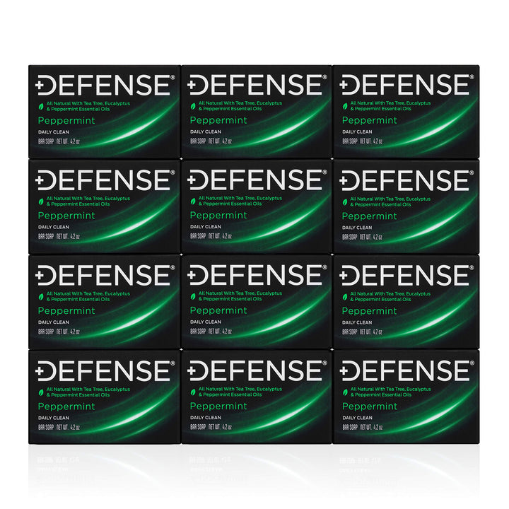 Defense Soap front packaging showing 12-pack and peppermint scent benefit