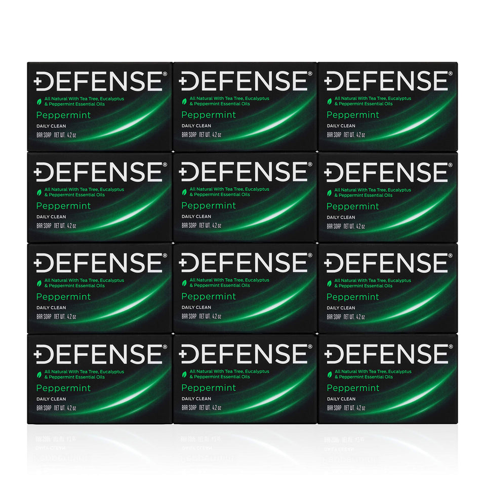 Defense Soap front packaging showing 12-pack and peppermint scent benefit