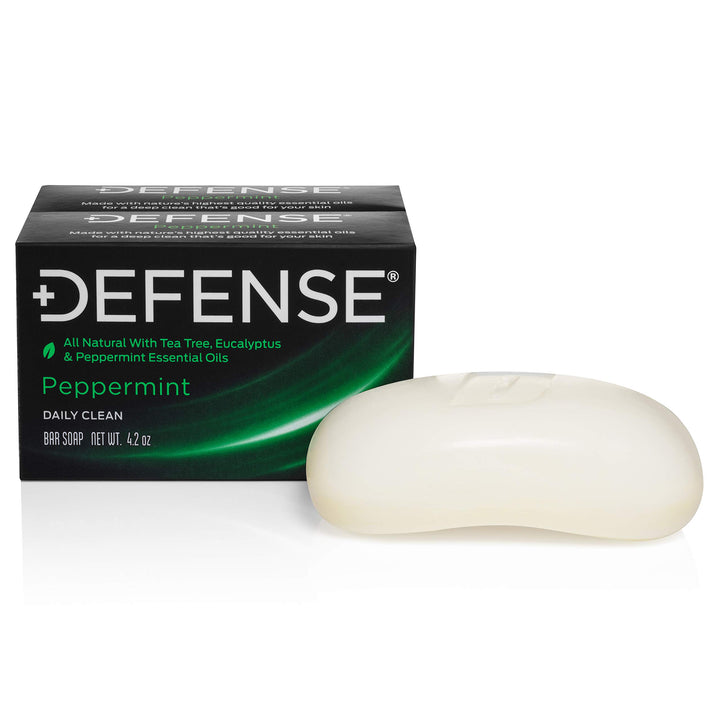 Defense Soap front packaging showing peppermint bars and clear benefits
