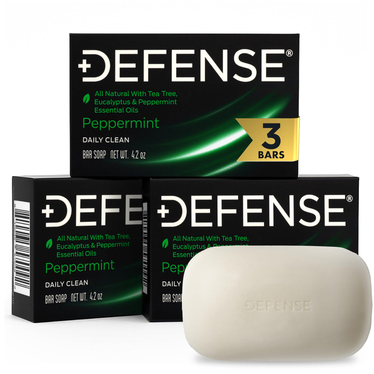 Defense Soap peppermint bar front packaging showing cooling formula benefit