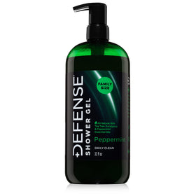 Defense Soap front bottle showing peppermint tea tree label and benefit
