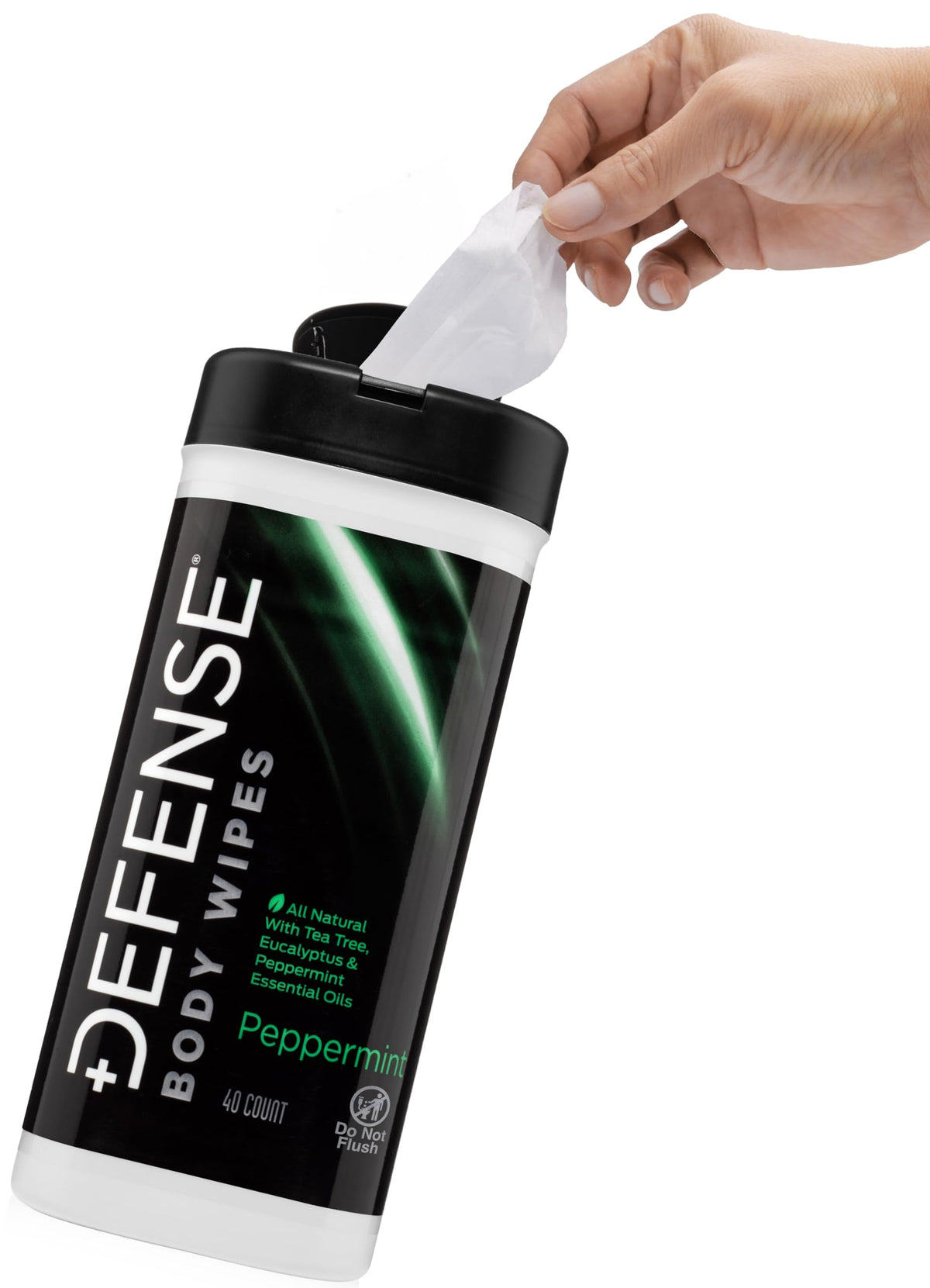 Defense Soap front packaging showing 40-count peppermint wipes for quick cleansing