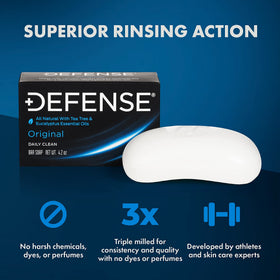 Defense Soap single bar angled to show shape and durable triple-milled feel