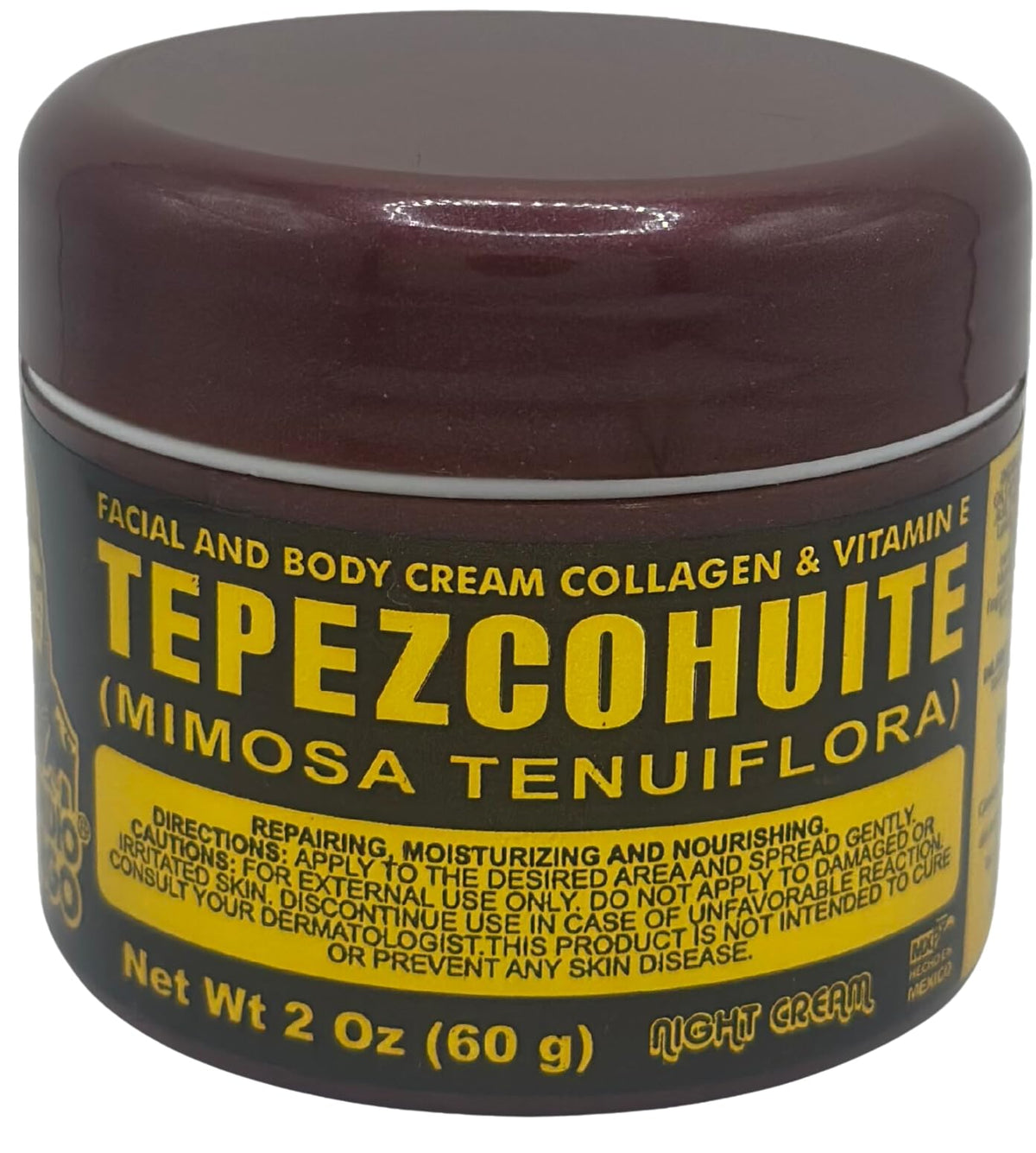 Del Indio Papago label detail showing tepezcohuite ingredient and transparency
