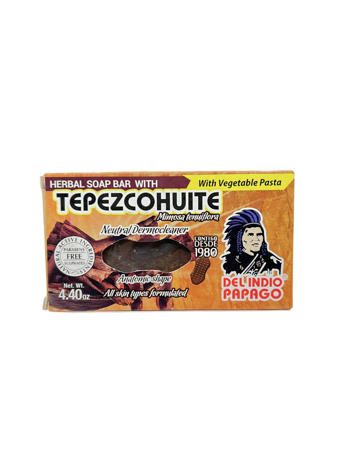 Del Indio Papago Tepezcohuite soap bar photographed to show natural cleanse