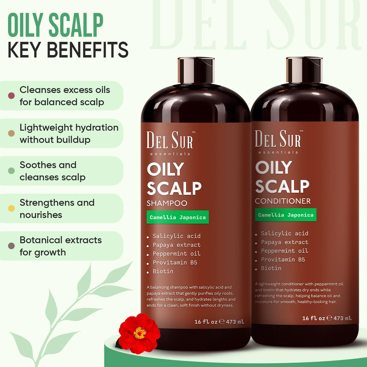 DEL SUR shampoo pump close-up dispensing clear formula, precise application benefit