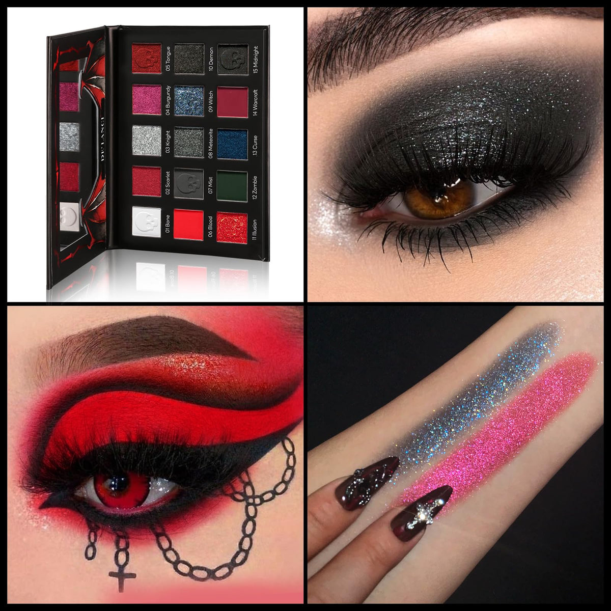 DE'LANCI eye makeup on model demonstrating dramatic red-black finish