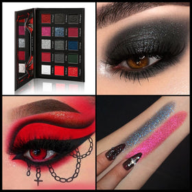DE'LANCI eye makeup on model demonstrating dramatic red-black finish