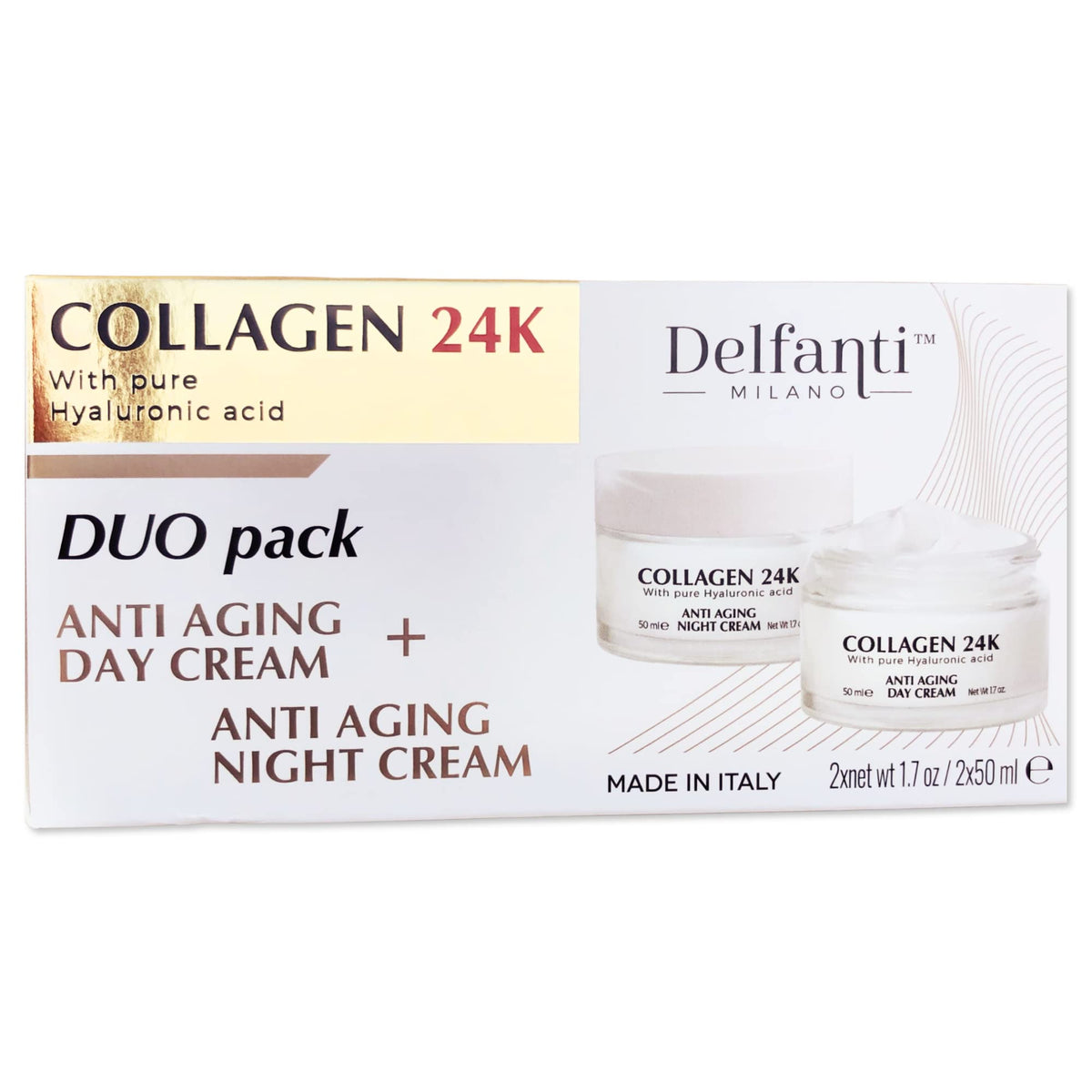 Delfanti Milano front packaging showing the COLLAGEN 24K duo and benefits