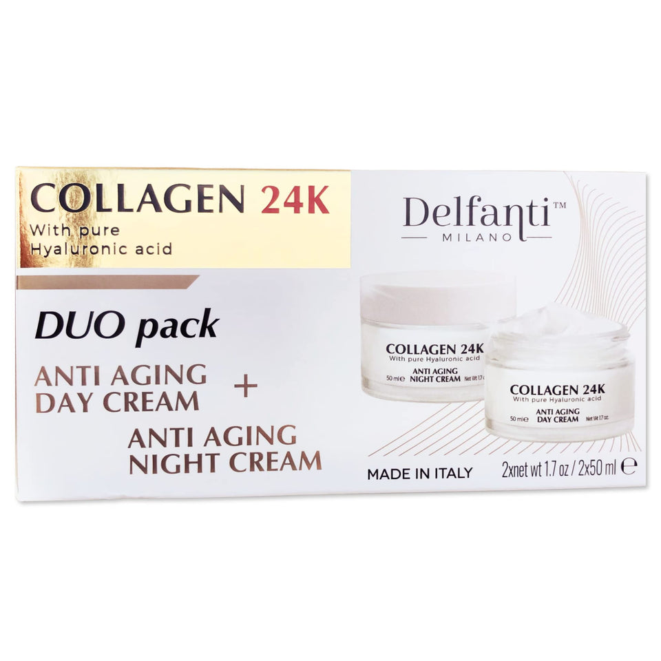 Delfanti Milano front packaging showing the COLLAGEN 24K duo and benefits
