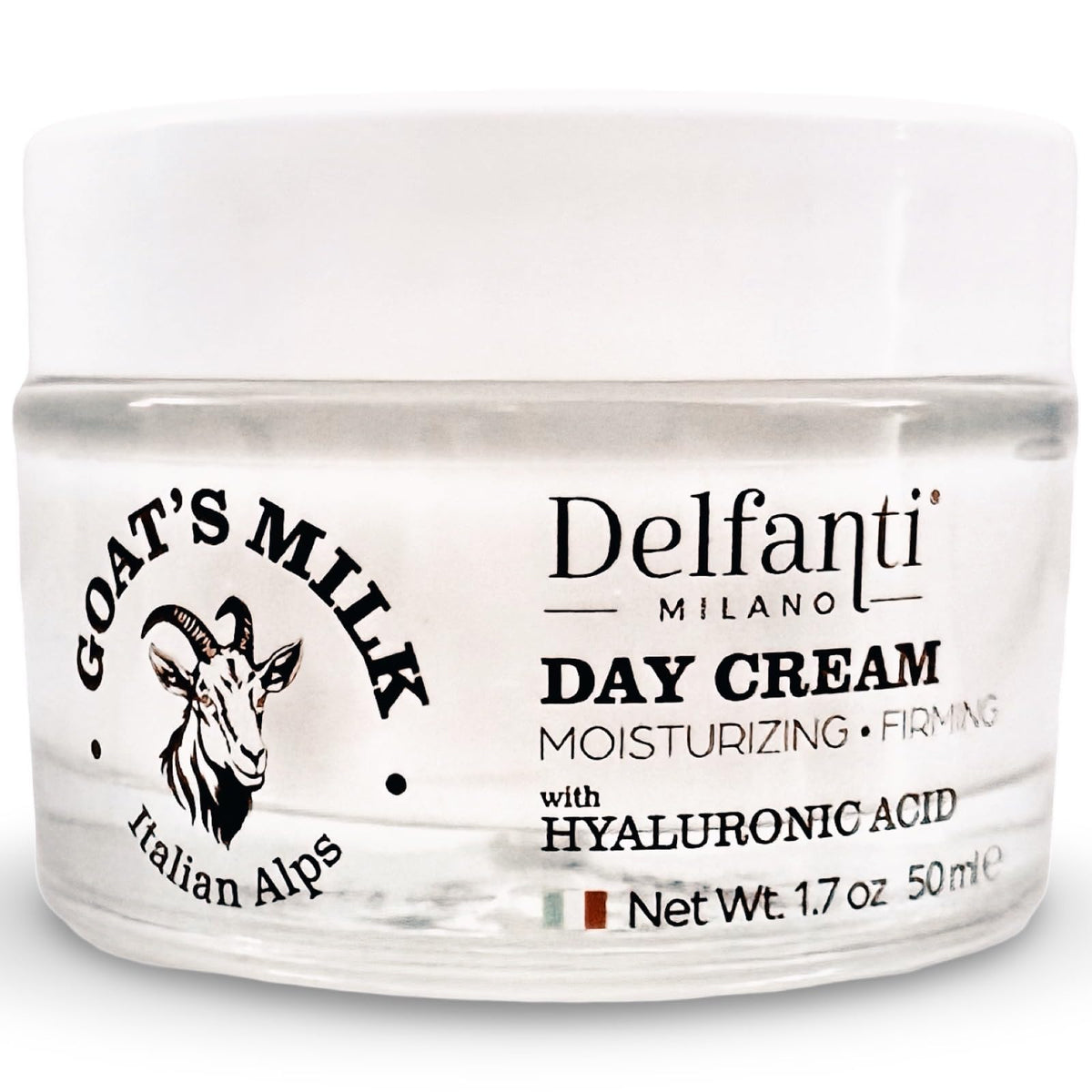 Delfanti-Milano day cream jar front view showing lightweight moisturizer benefits