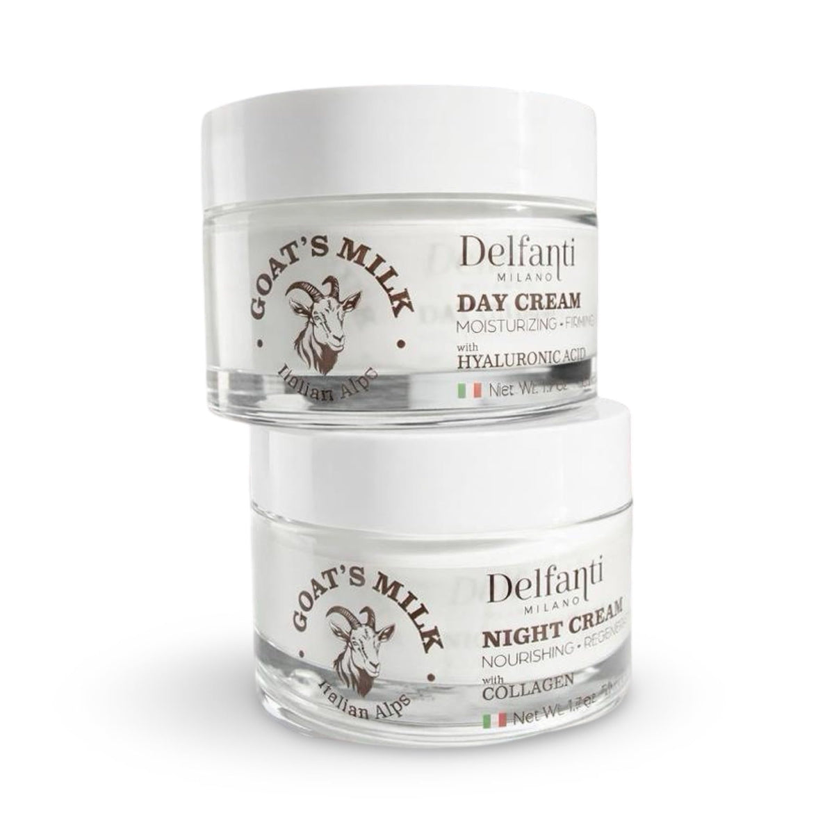 Delfanti-Milano front packaging showing both full-size jars and benefits