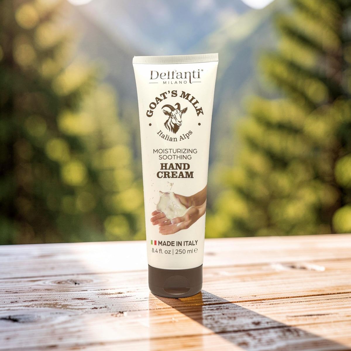 Delfanti-Milano ingredients label highlighting shea butter, hyaluronic acid, collagen benefits
