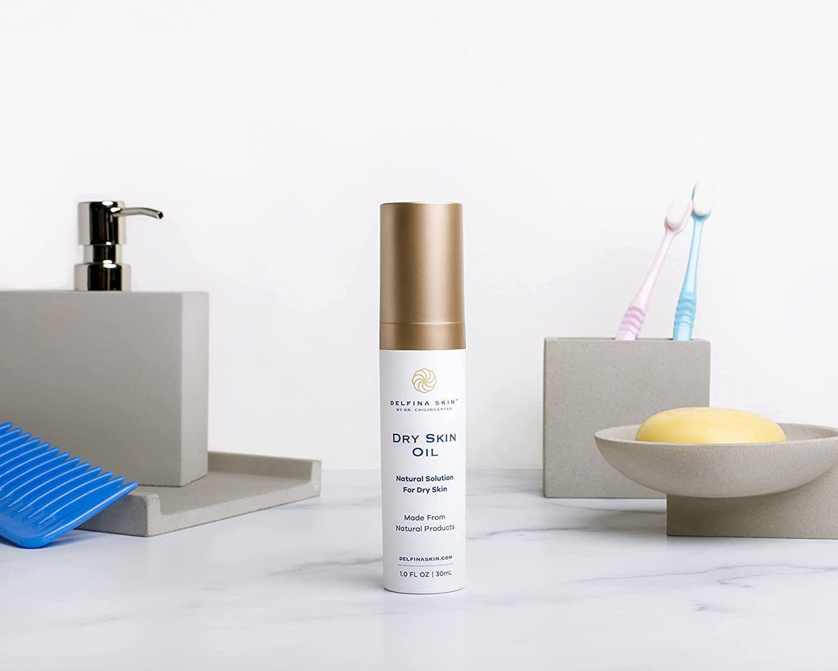 Delfina Skin bottle on bedside table in lifestyle scene indicating daily routine benefit