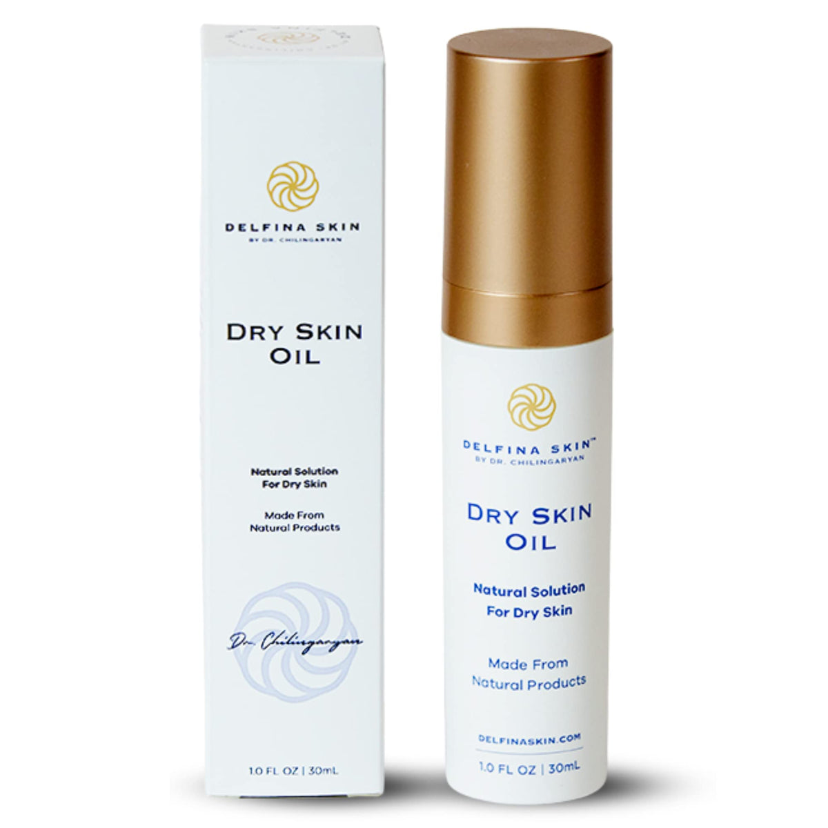 Delfina Skin front bottle showing label and spray for quick application benefit
