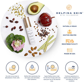Delfina Skin oil drop on skin demonstrating lightweight texture and fast absorption benefit