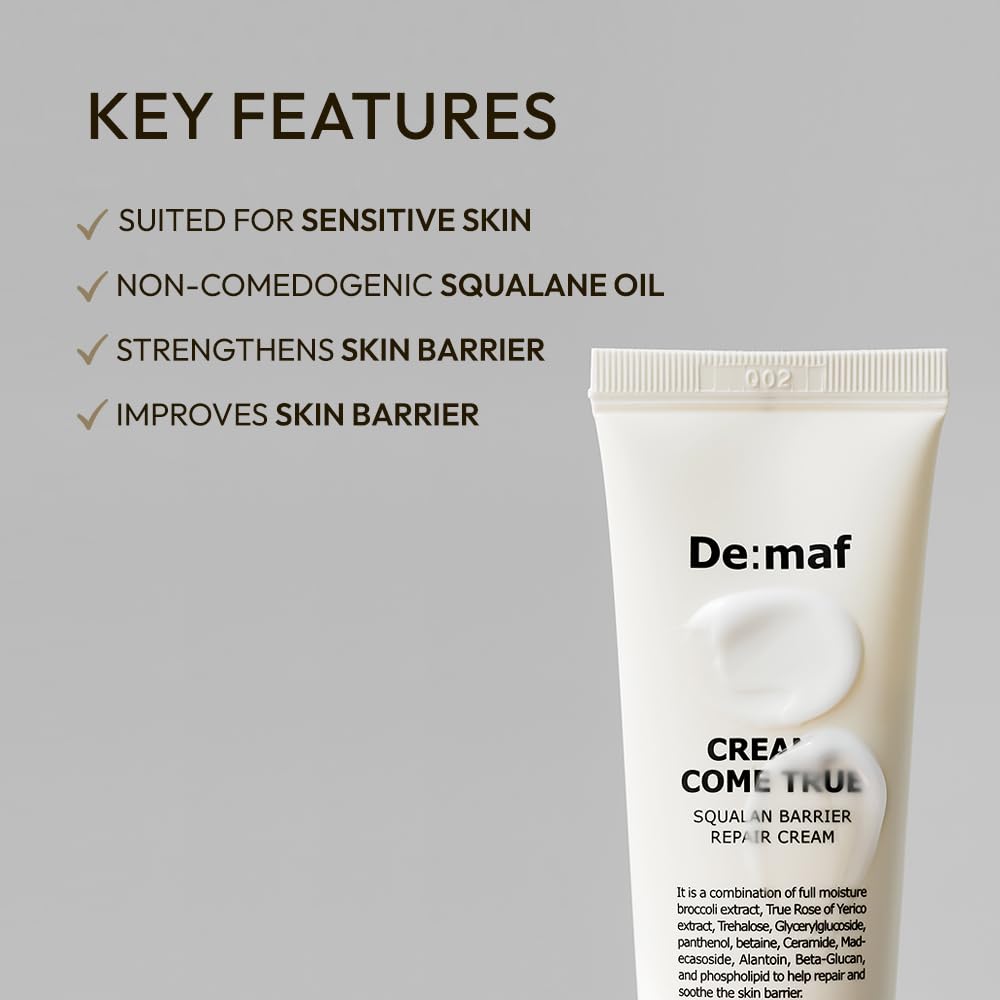 De:maf ingredient label showing ceramides and panthenol for barrier repair reassurance