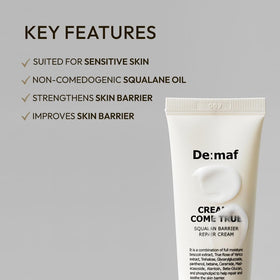 De:maf ingredient label showing ceramides and panthenol for barrier repair reassurance