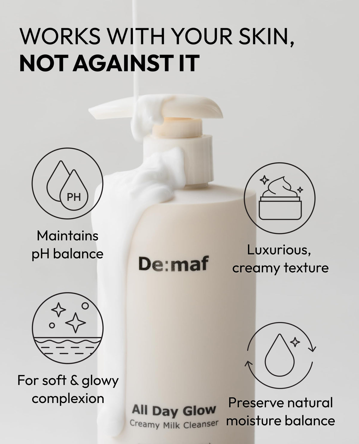 De:maf cleanser lather rinsing off makeup showing gentle removal benefit