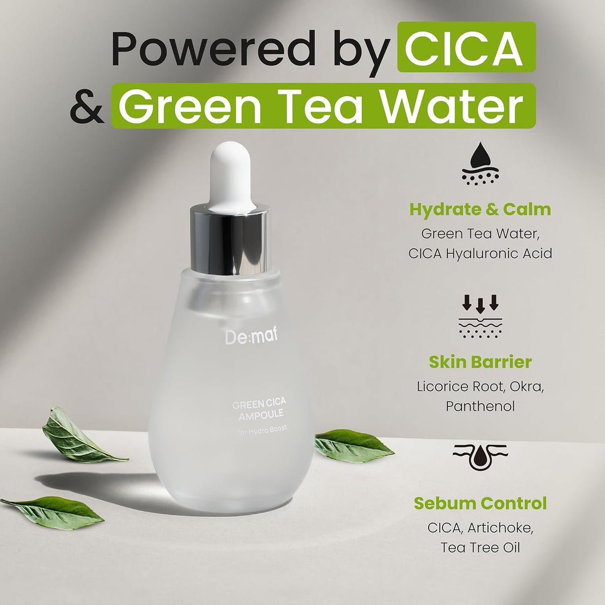 De:maf ingredient label close-up highlighting 72% green tea and CICA for soothing
