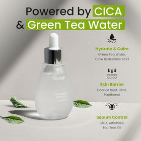 De:maf ingredient label close-up highlighting 72% green tea and CICA for soothing
