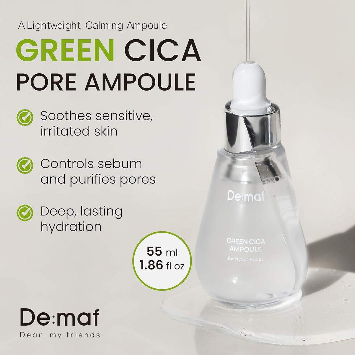 De:maf watery serum texture close-up illustrating lightweight hydration without greasiness