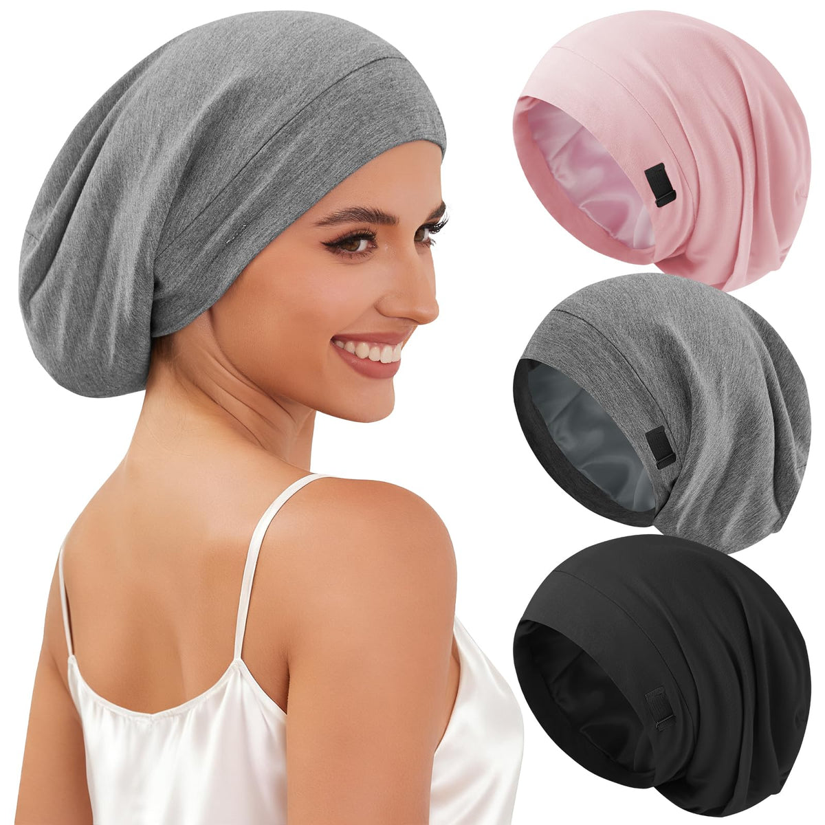 DEMAZALO front view of three-pack bonnet set shows colors and packaging benefit protective variety