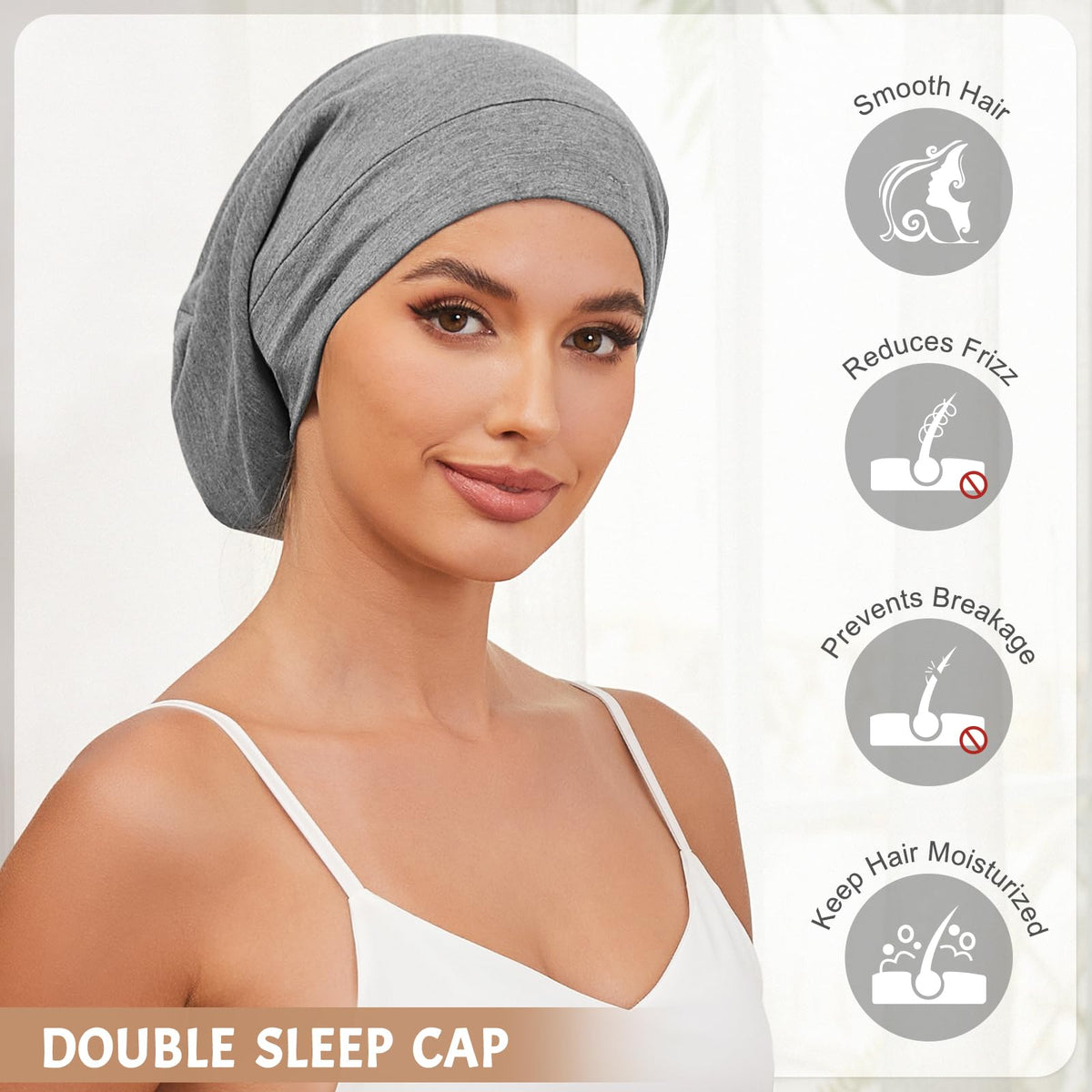 DEMAZALO woman wearing bonnet in bed showing comfortable fit and overnight hair protection
