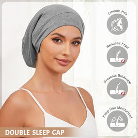 DEMAZALO woman wearing bonnet in bed showing comfortable fit and overnight hair protection