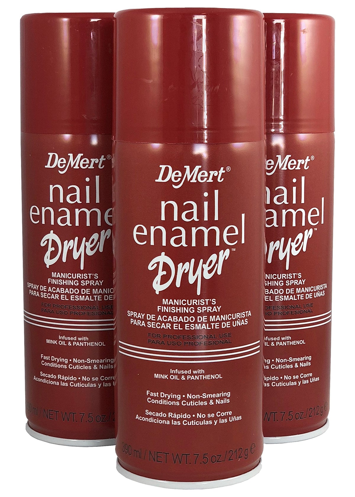 Demert front can label showing product size and fast-drying benefits