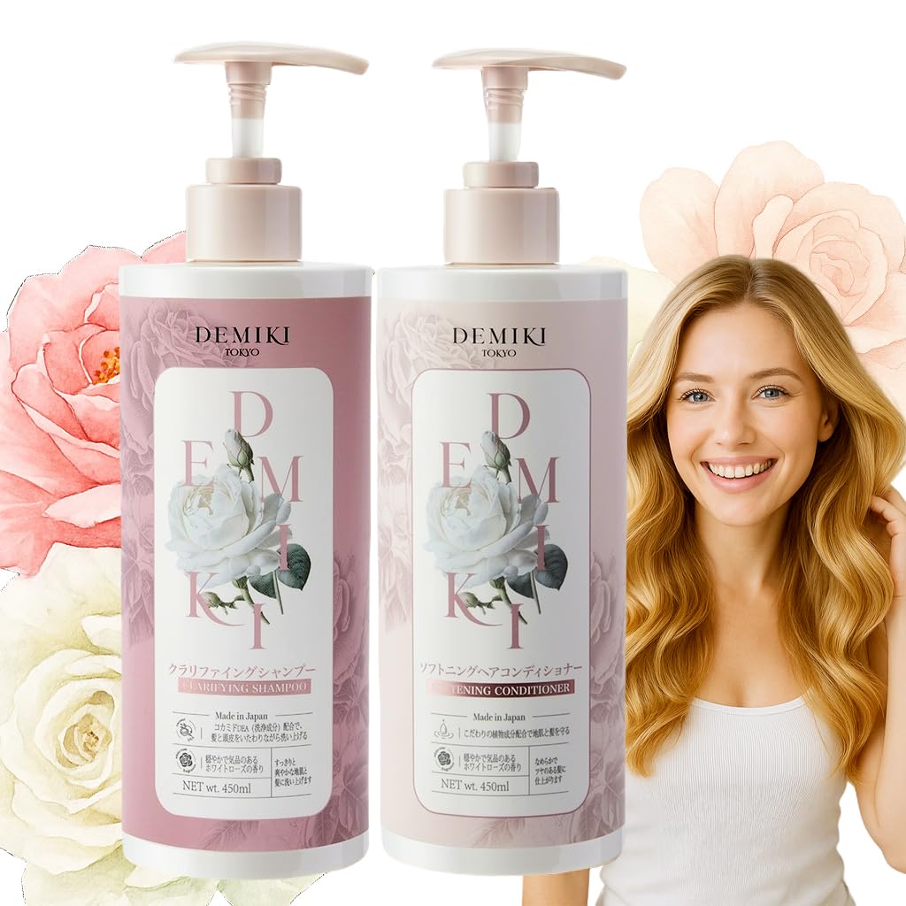 DEMIKI front packaging showing 32oz shampoo and conditioner, clear branding and benefit