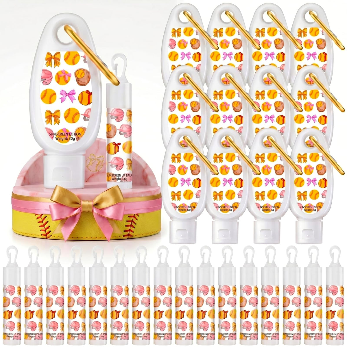 Demissle front packaging showing 24-piece softball sunscreen and lip balm set, convenient bulk favor