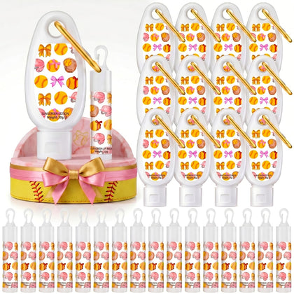 Demissle front packaging showing 24-piece softball sunscreen and lip balm set, convenient bulk favor