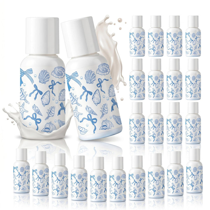 Demissle front packaging showing 24 blue and white mini bottles for guest convenience