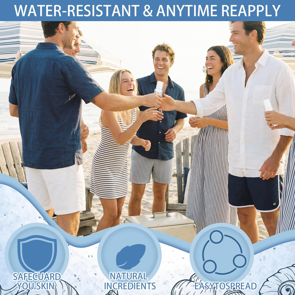 Demissle bottle in use on beach offering quick on-the-go sun protection