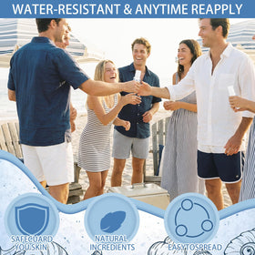 Demissle bottle in use on beach offering quick on-the-go sun protection