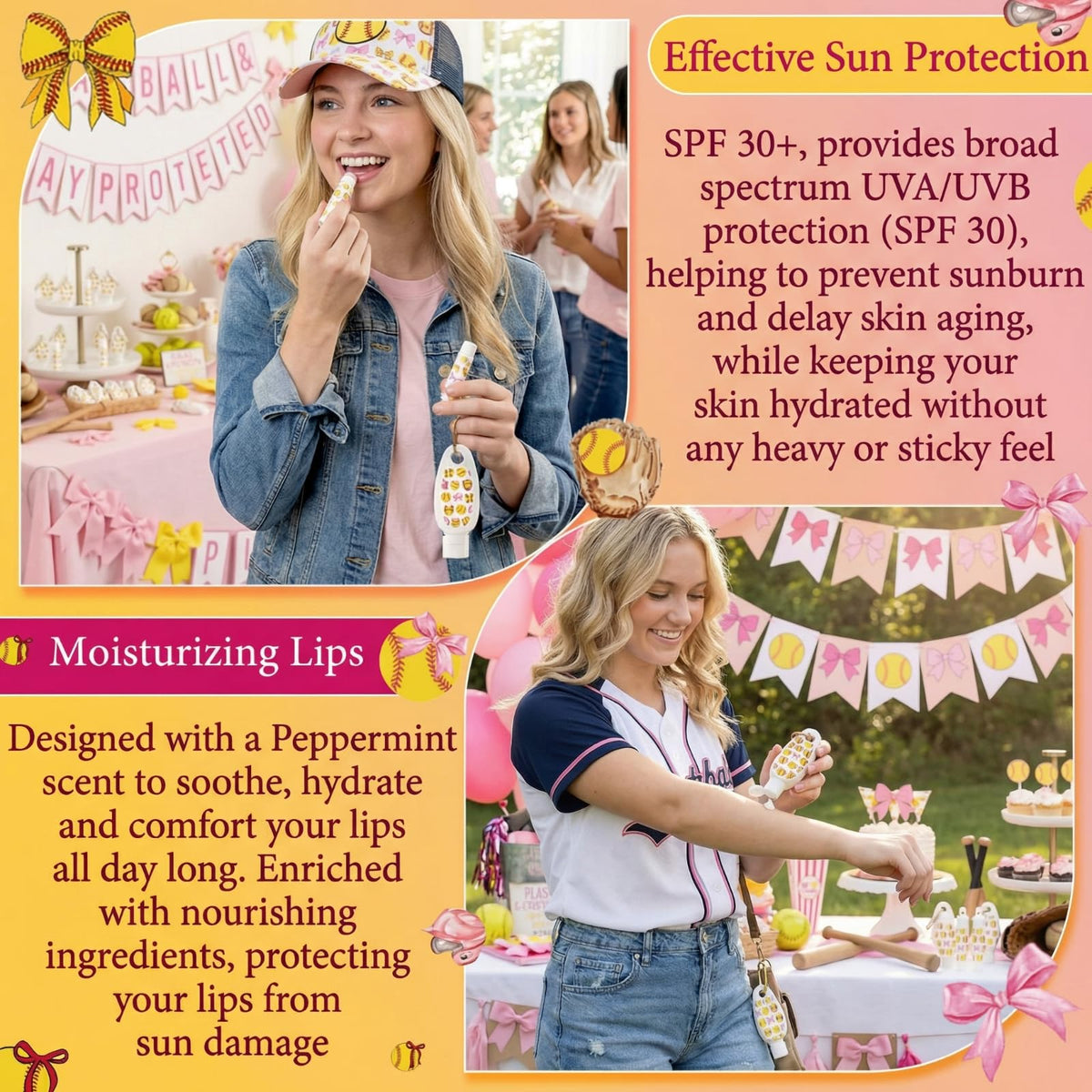 Demissle lip balm detail with hook highlighting SPF 30+ protection and easy attachment