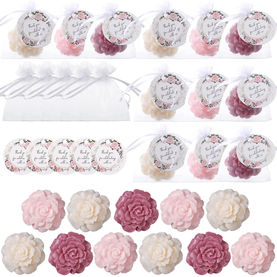Demissle front packaging showing 24 rose mini soaps and bags, convenient gift-ready set