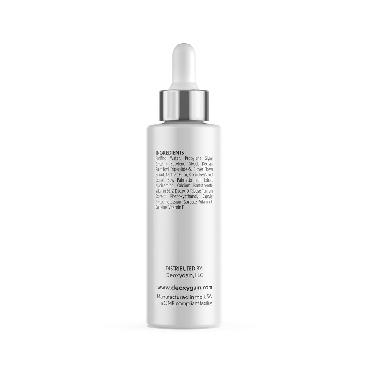 Deoxygain bottle displayed on bathroom shelf, suggesting routine-ready convenience