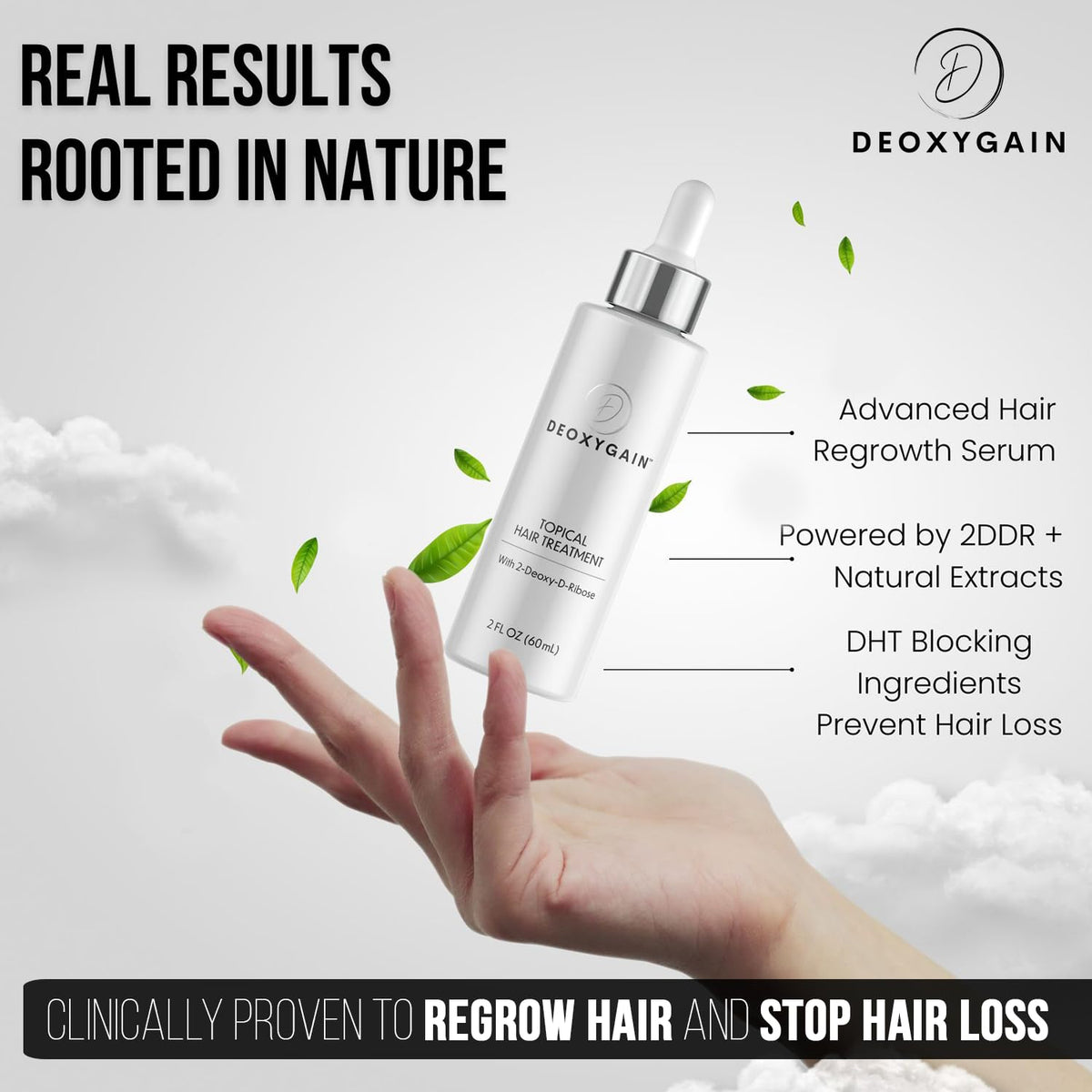 Deoxygain serum dropper releasing clear gel, showing easy application benefit