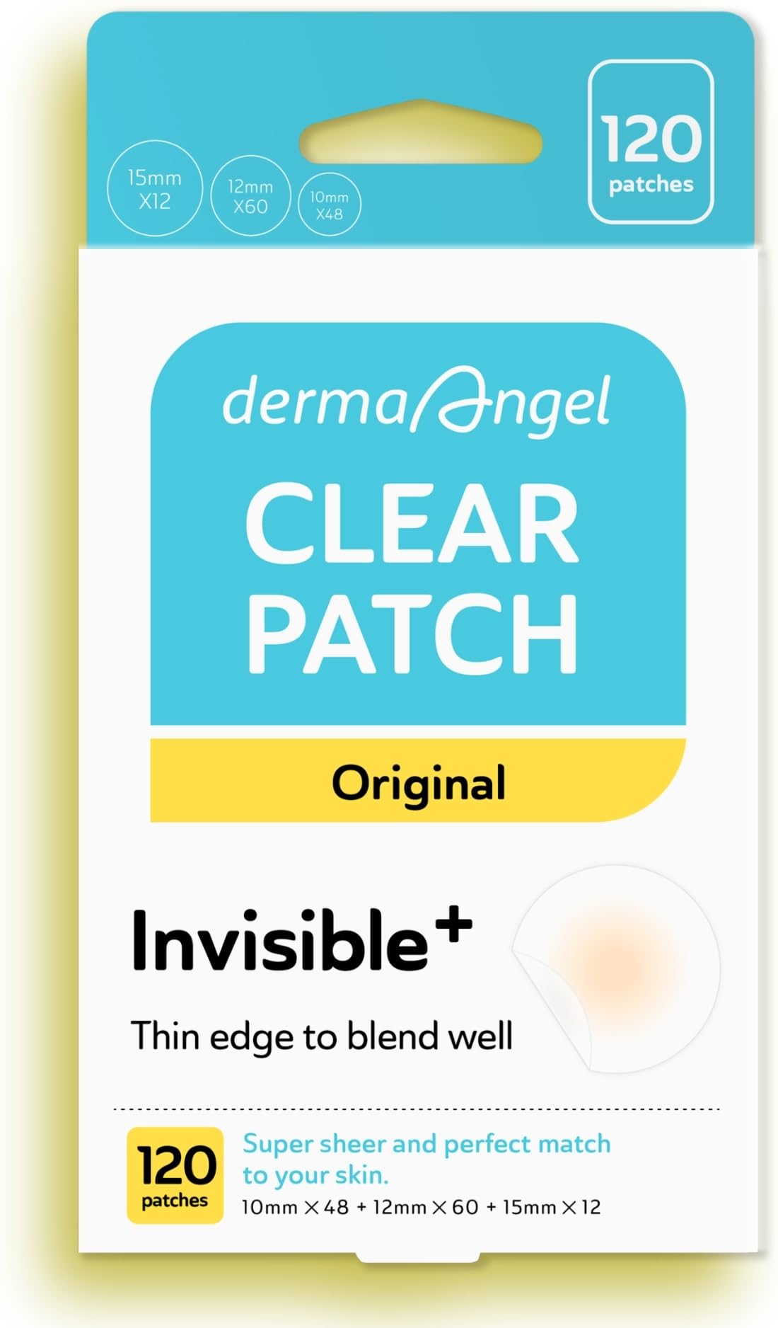 DERMA ANGEL front packaging showing 120-count acne patch kit and benefits