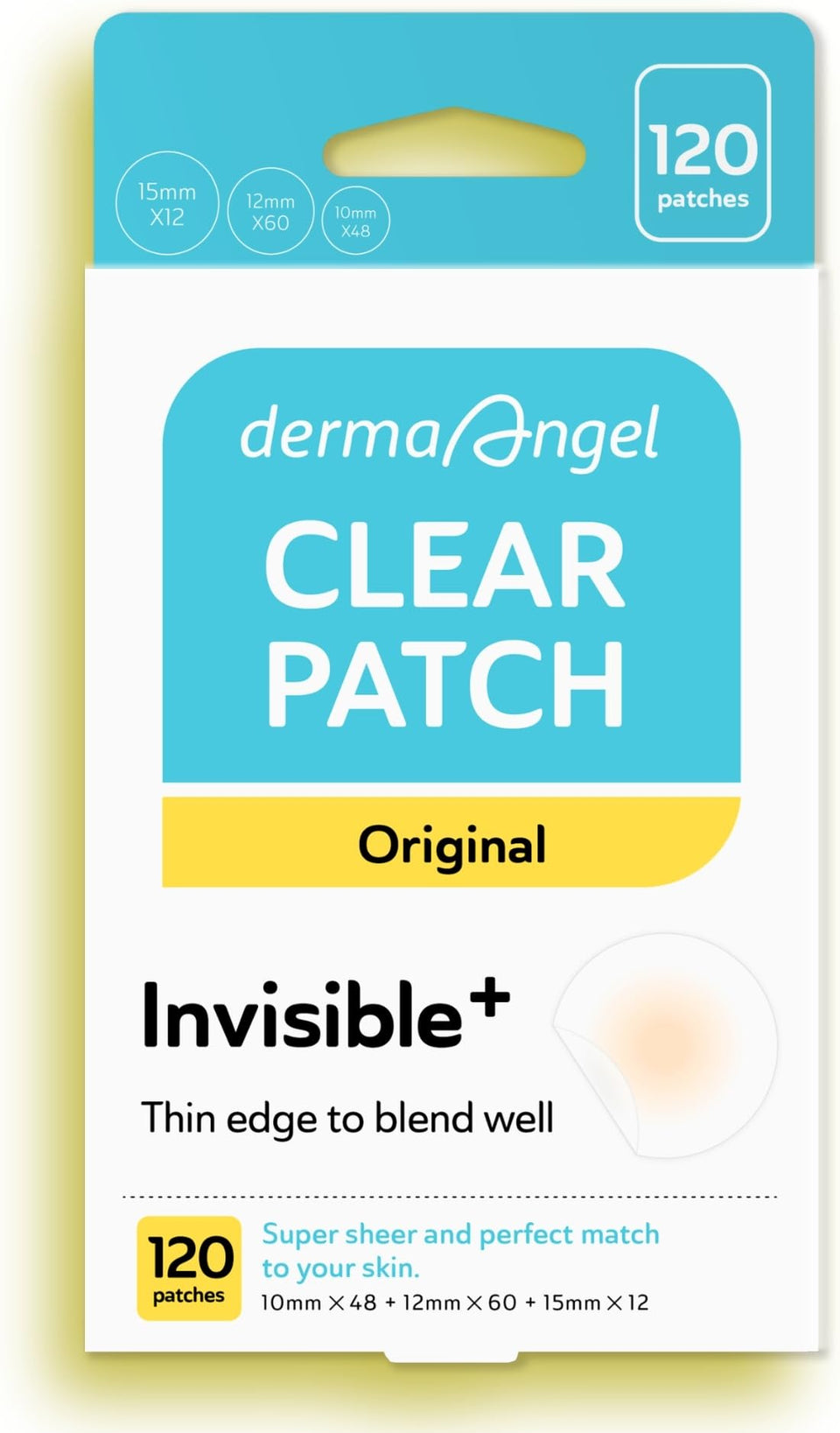 DERMA ANGEL front packaging showing 120-count acne patch kit and benefits