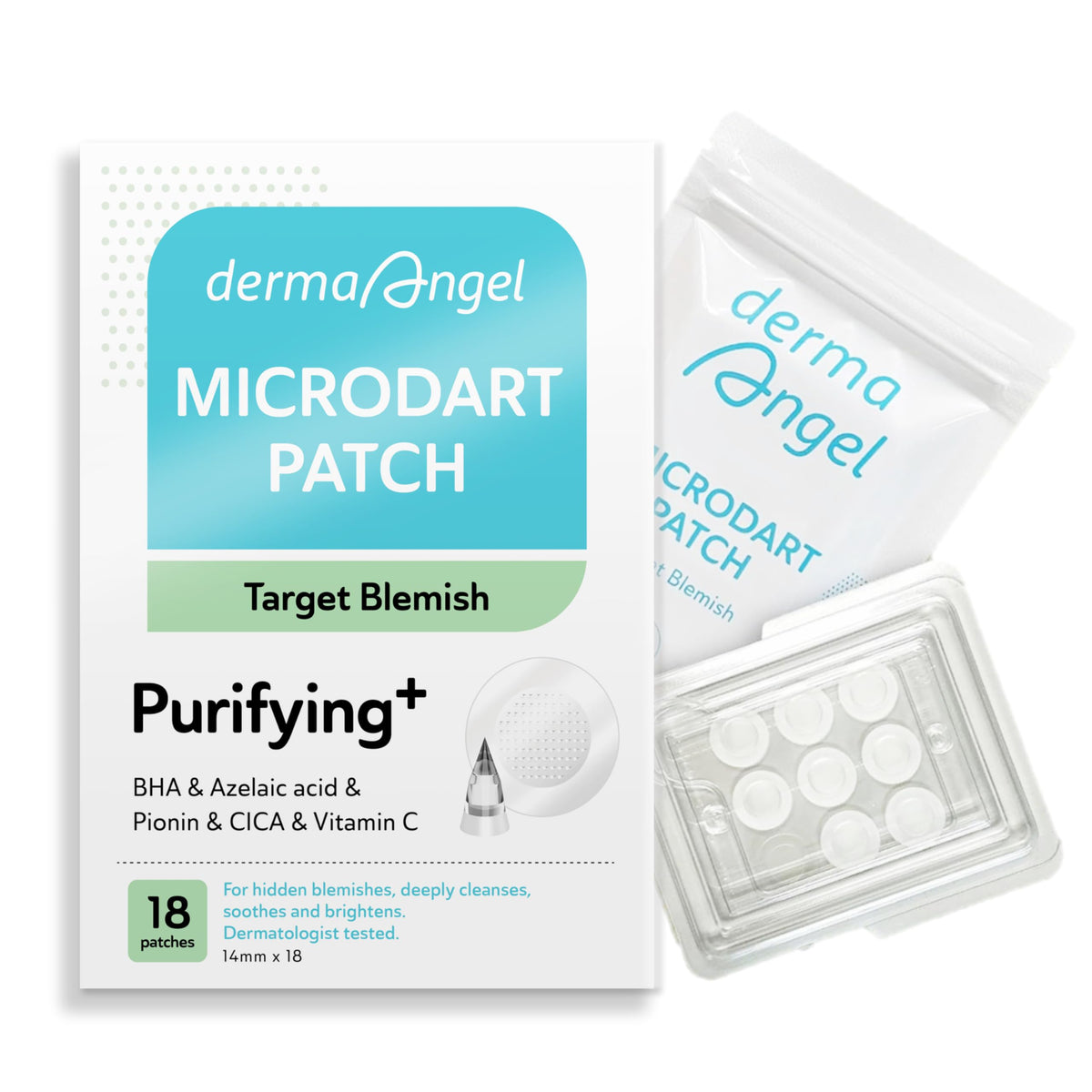 DERMA ANGEL front packaging showing 18 microdart patches and benefits