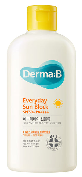 Derma B front packaging 200ml showing large sunscreen bottle and clear branding