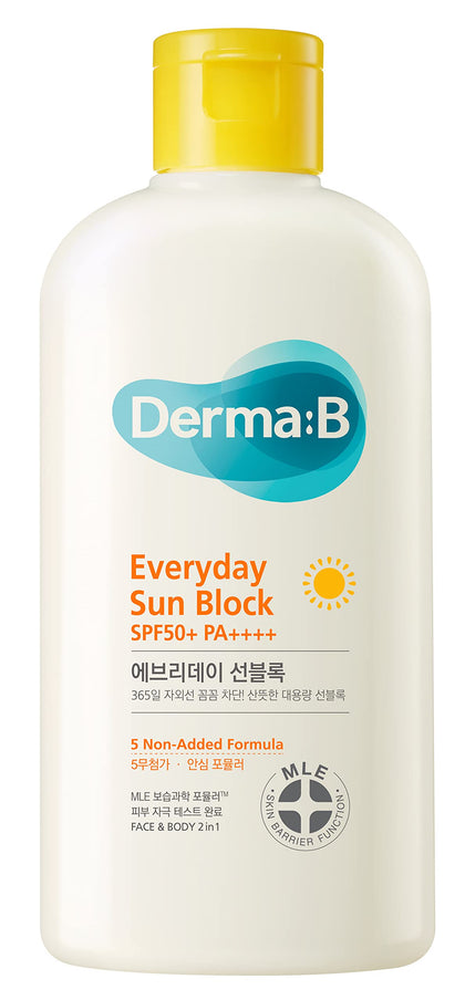 Derma B front packaging 200ml showing large sunscreen bottle and clear branding