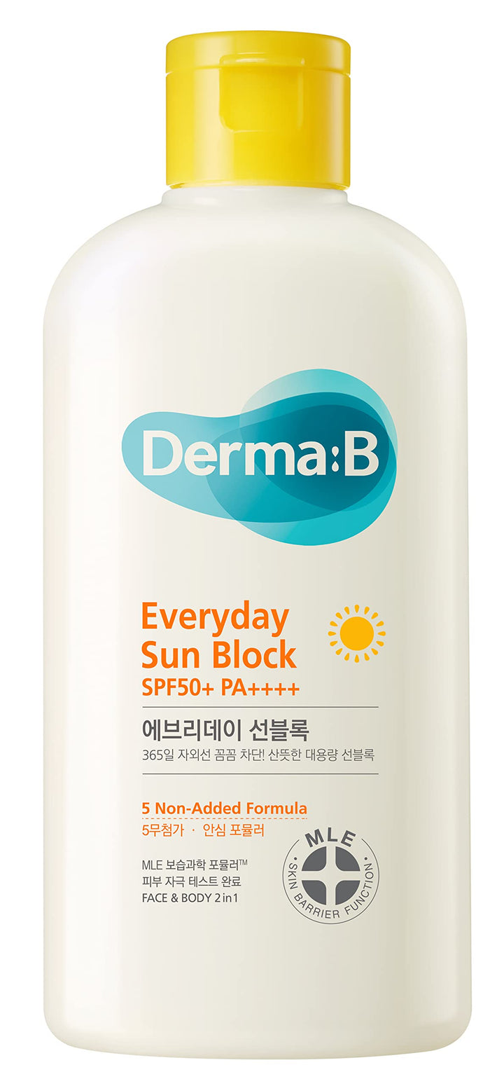 Derma B front packaging 200ml showing large sunscreen bottle and clear branding