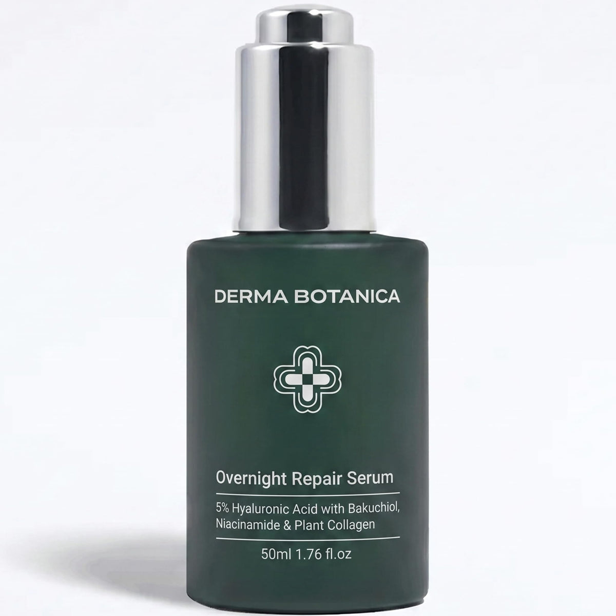 derma botanica serum front packaging shown, clear bottle for streamlined routine