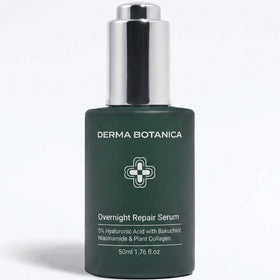 derma botanica serum front packaging shown, clear bottle for streamlined routine